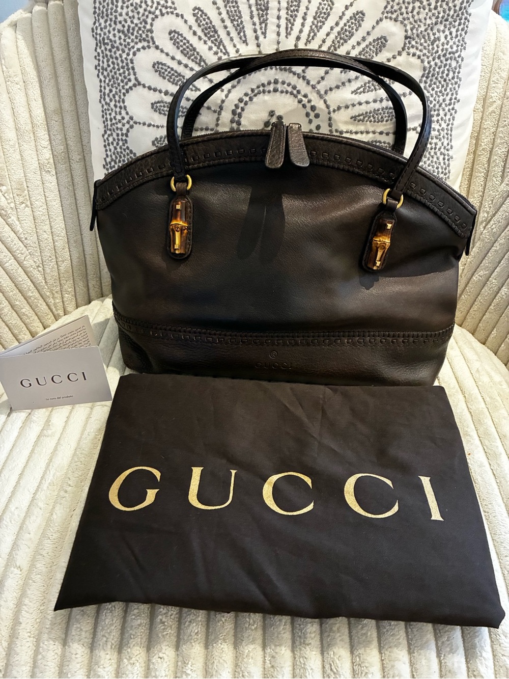Gucci Dark Brown Leather Handbag with Bamboo-Trim Accents